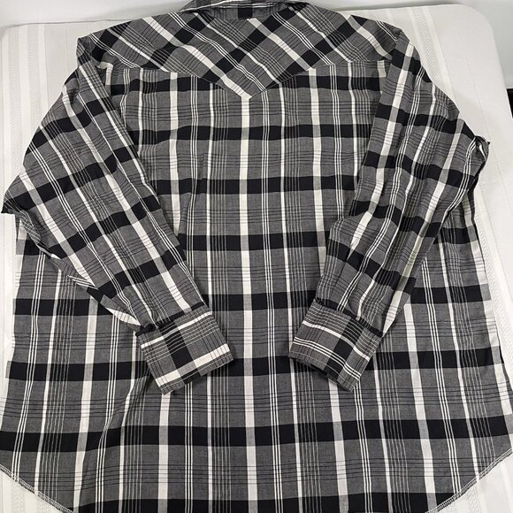 VTG Wrangler Cowboy Cut XL 19 x 35 Western Pearl Snap Shirt Black Gray Plaid - Picture 8 of 8